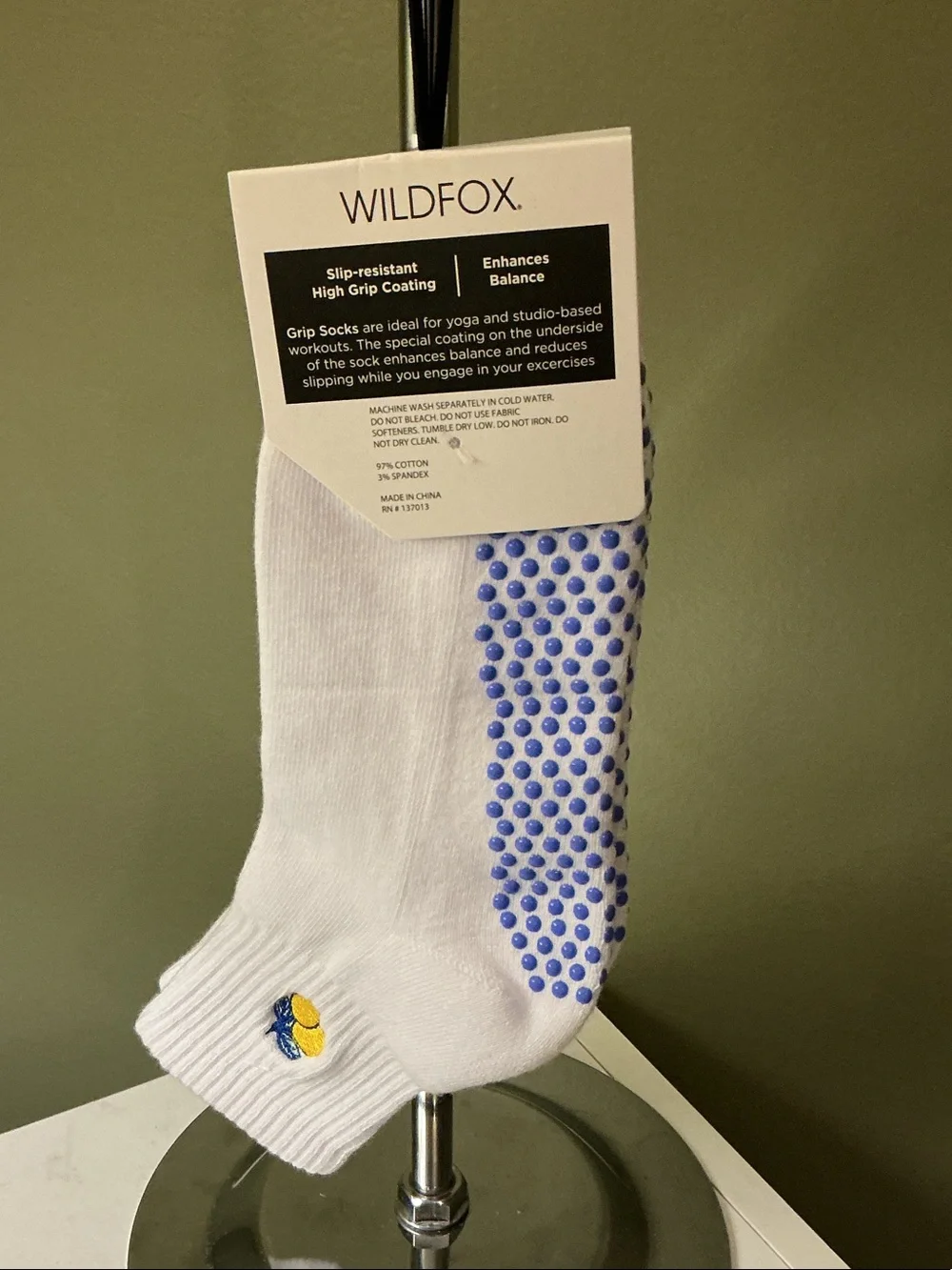Wildfox NWT White Athletic Grip Socks Blue Dots Yellow Lemon One Size